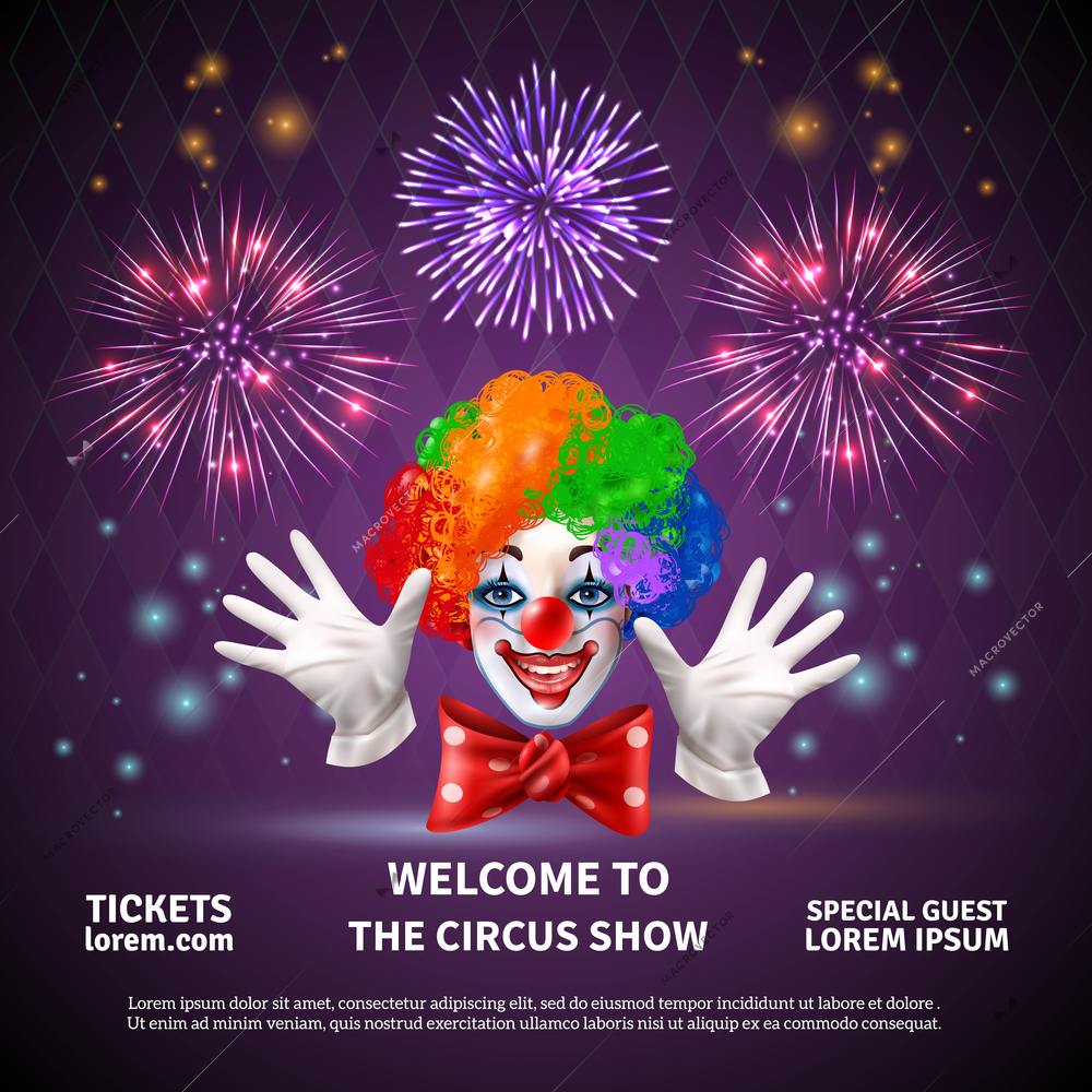 Fireworks composition with circus show announcement editable text and images of clown face hands and cracker vector illustration