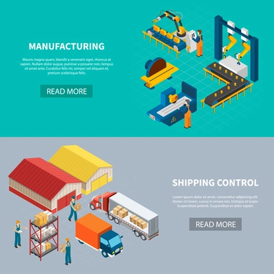 Industrial machines isometric banners set with read more button and images of fabrication facilities and buildings vector illustration