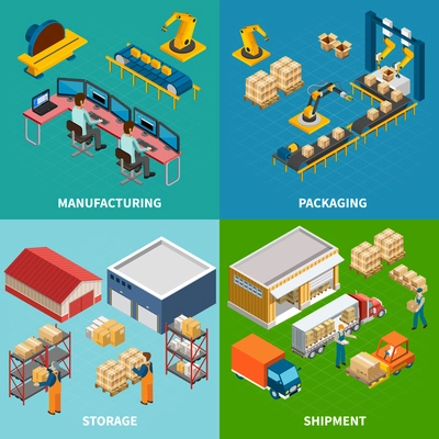 Industrial machines isometric design concept with four compositions of automated manipulators and conveyor images with text vector illustration