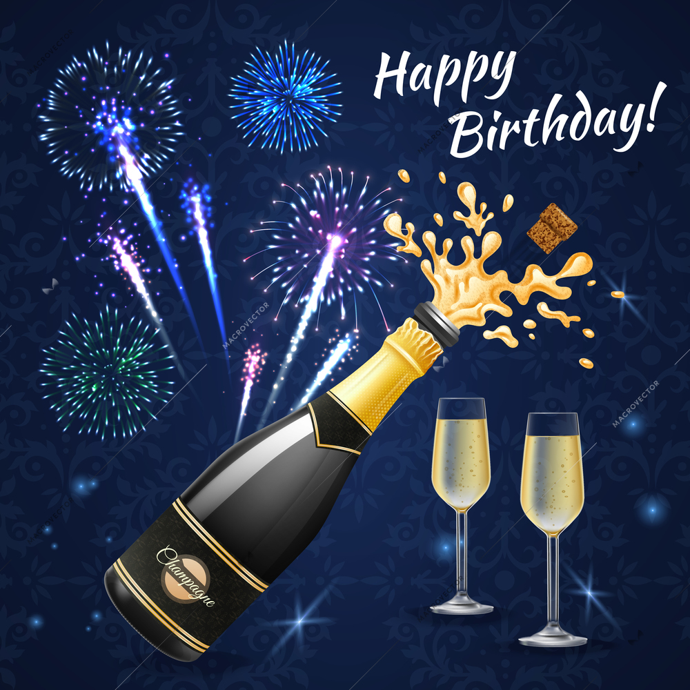 Fireworks composition of congratulatory inscription with images of champagne glasses bottle and colourful fireworks on ornate background vector illustration