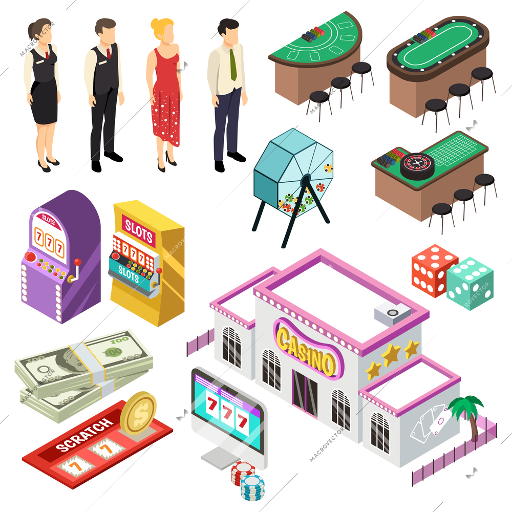 Casino isometric set with slot machine poker cards roulette jackpot lottery coins icons vector illustration