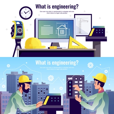 Engineering horizontal banners with drawing tools special constructor equipment and two engineers against modern multistory city buildings background vector illustration