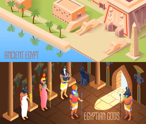 Horizontal isometric banners set with egyptian gods and ancient tomb 3d isolated vector illustration