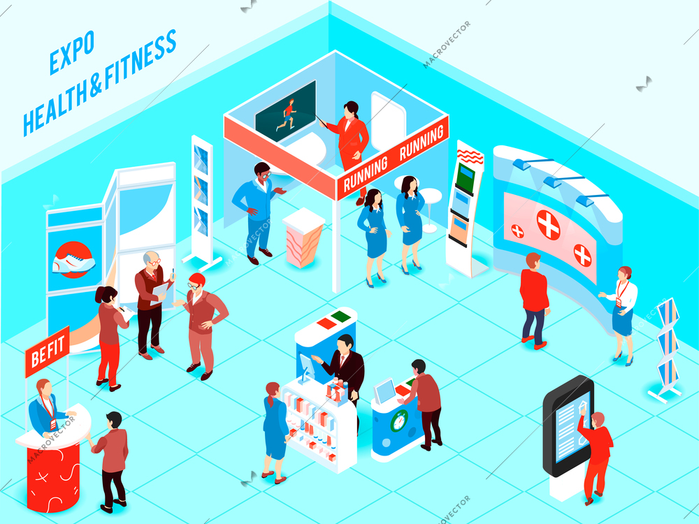 People visiting health and fitness expo with promotional stands and various products for healthy lifestyle 3d isometric vector illustration