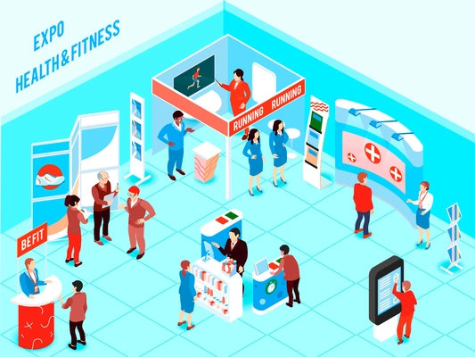 People visiting health and fitness expo with promotional stands and various products for healthy lifestyle 3d isometric vector illustration