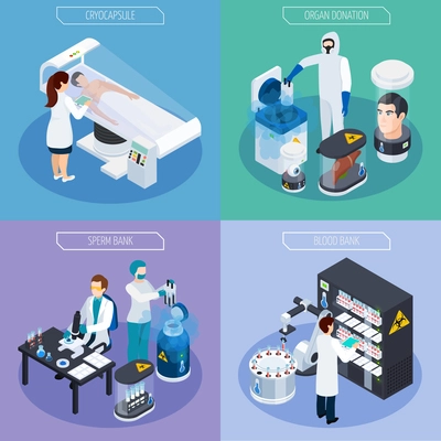 Cryonics cryogenics transplantation isometric 2x2 design concept with laboratory equipment items and human characters of scientists vector illustration