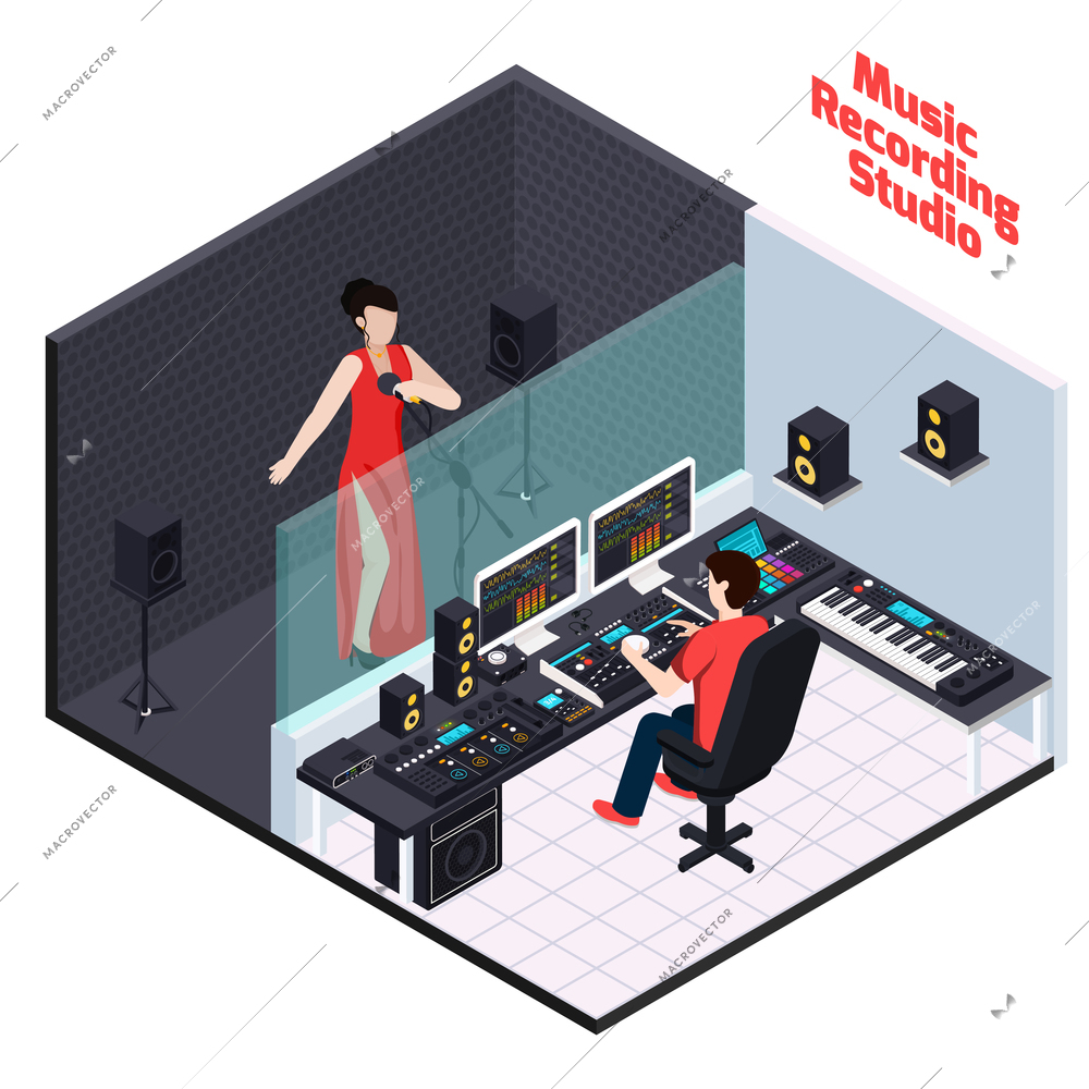 Music recording studio equipment isometric composition with view of professional studio interior female vocalist and sound engineer vector illustration