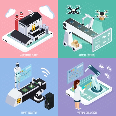 Smart industry isometric 2x2 design concept with images of futuristic production assets robots and automated plants vector illustration