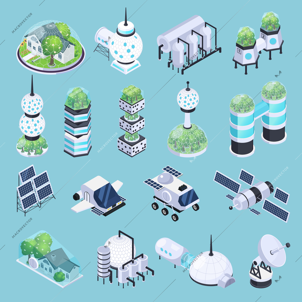 Space colonization terraforming isometric icons set with isolated images of rover vehicles satellites and modular ground buildings vector illustration