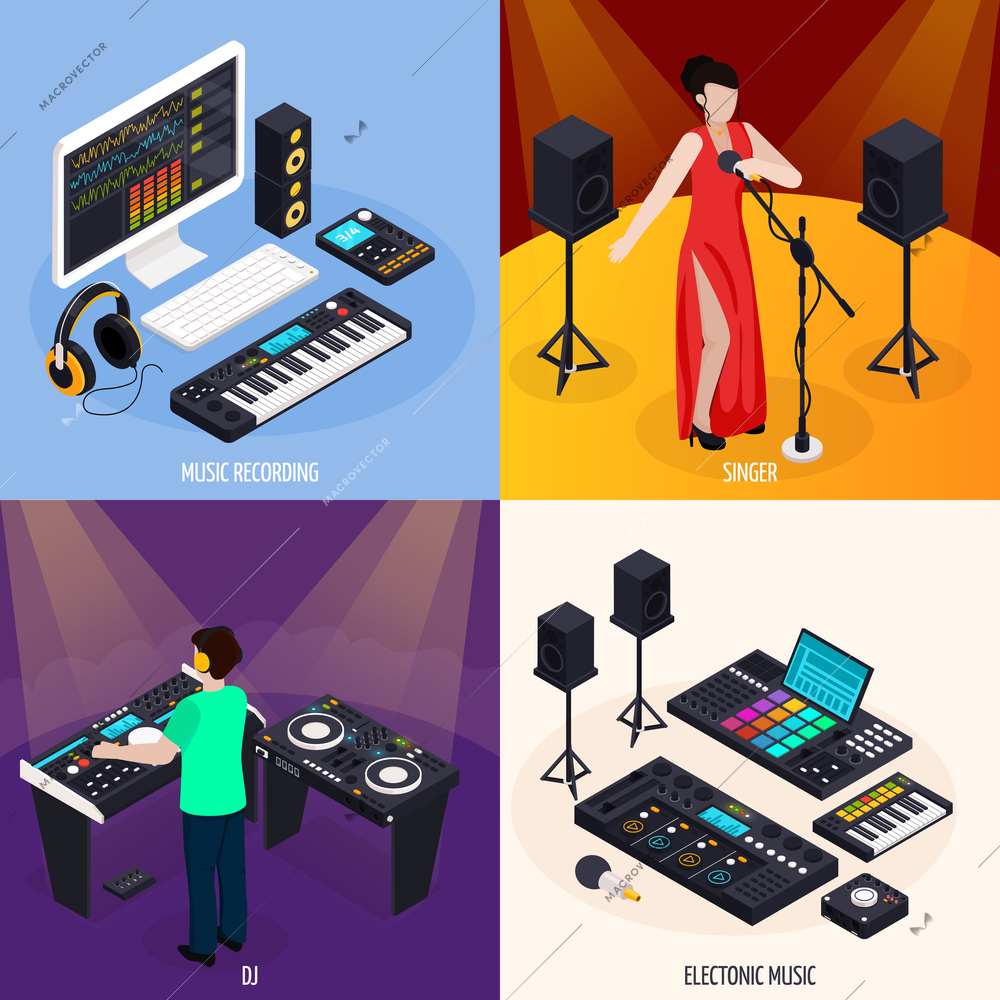 Music recording studio equipment isometric 2x2 design concept with professional audio workstations and musicians on stage vector illustration