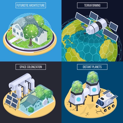 Space colonization terraforming isometric 2x2 design concept with conceptual images of space vehicles and ground modules vector illustration