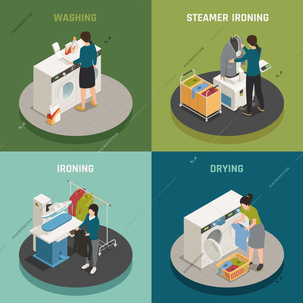 Isometric laundry 2x2 design concept with people washing ironing and drying clothes 3d isolated vector illustration