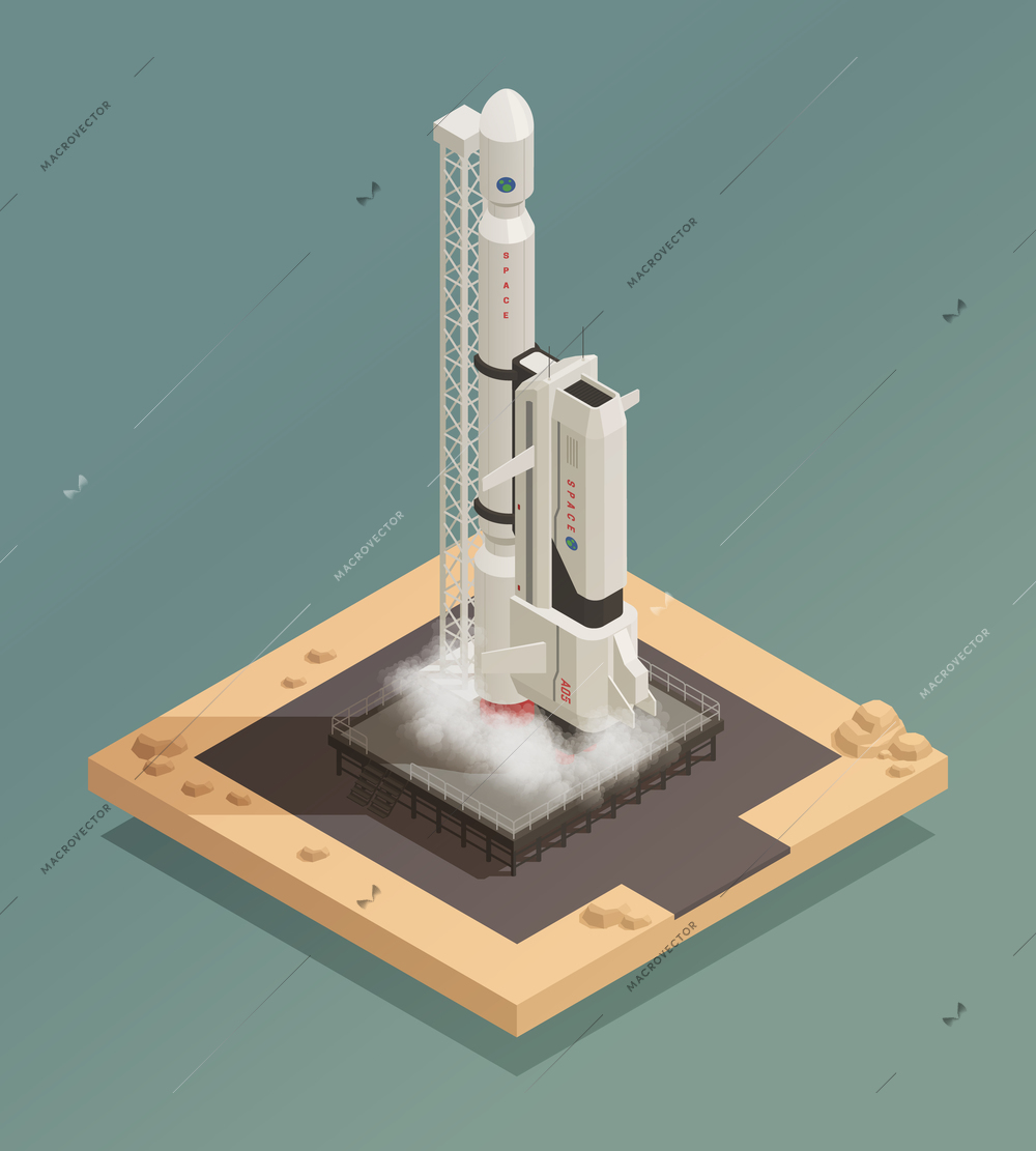 Launching space ship isometric composition on grey background 3d vector illustration