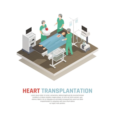 Process of human heart transplantation operation isometric composition 3d vector illustration