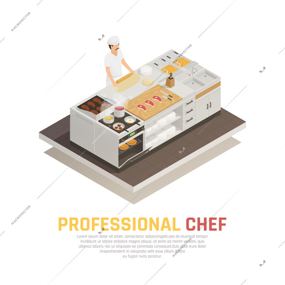 Professional chef rolling dough in restaurant kitchen isometric composition on white background 3d vector illustration