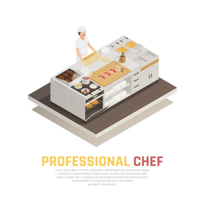 Professional chef rolling dough in restaurant kitchen isometric composition on white background 3d vector illustration