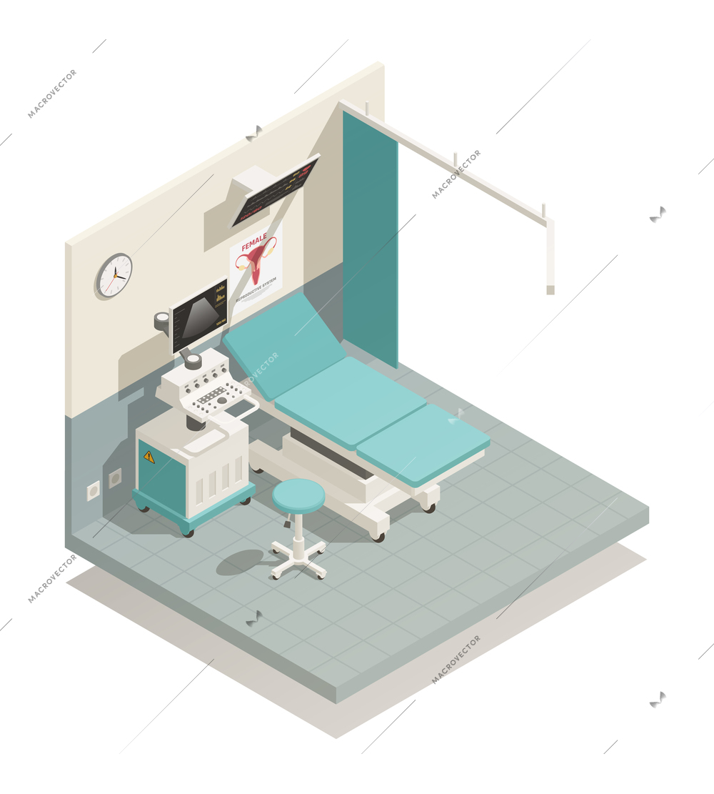 Isometric composition with equipment for examination and diagnostics in gynecology cabinet on white background 3d vector illustration