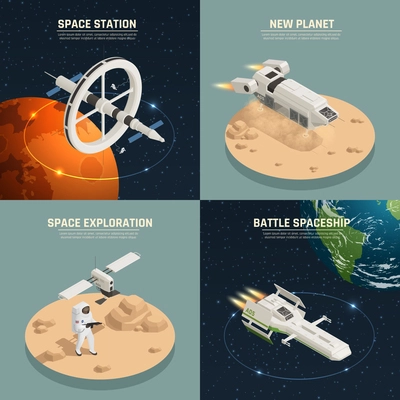 Space ships and station for exploration and battle 2x2 design concept isolated on colorful background 3d isometric vector illustration