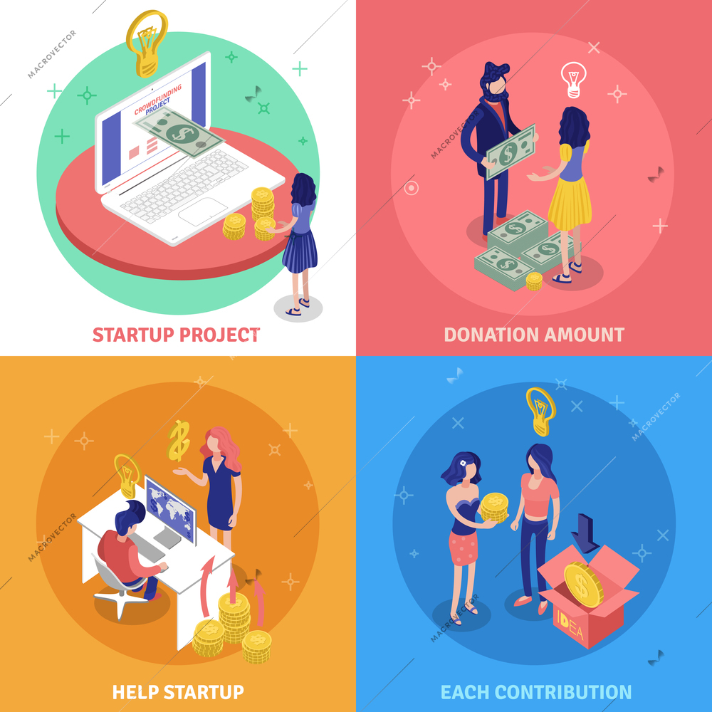 Isometric rowdfunding design concept with conceptual images of human characters money donations coins helping startup projects vector illustration