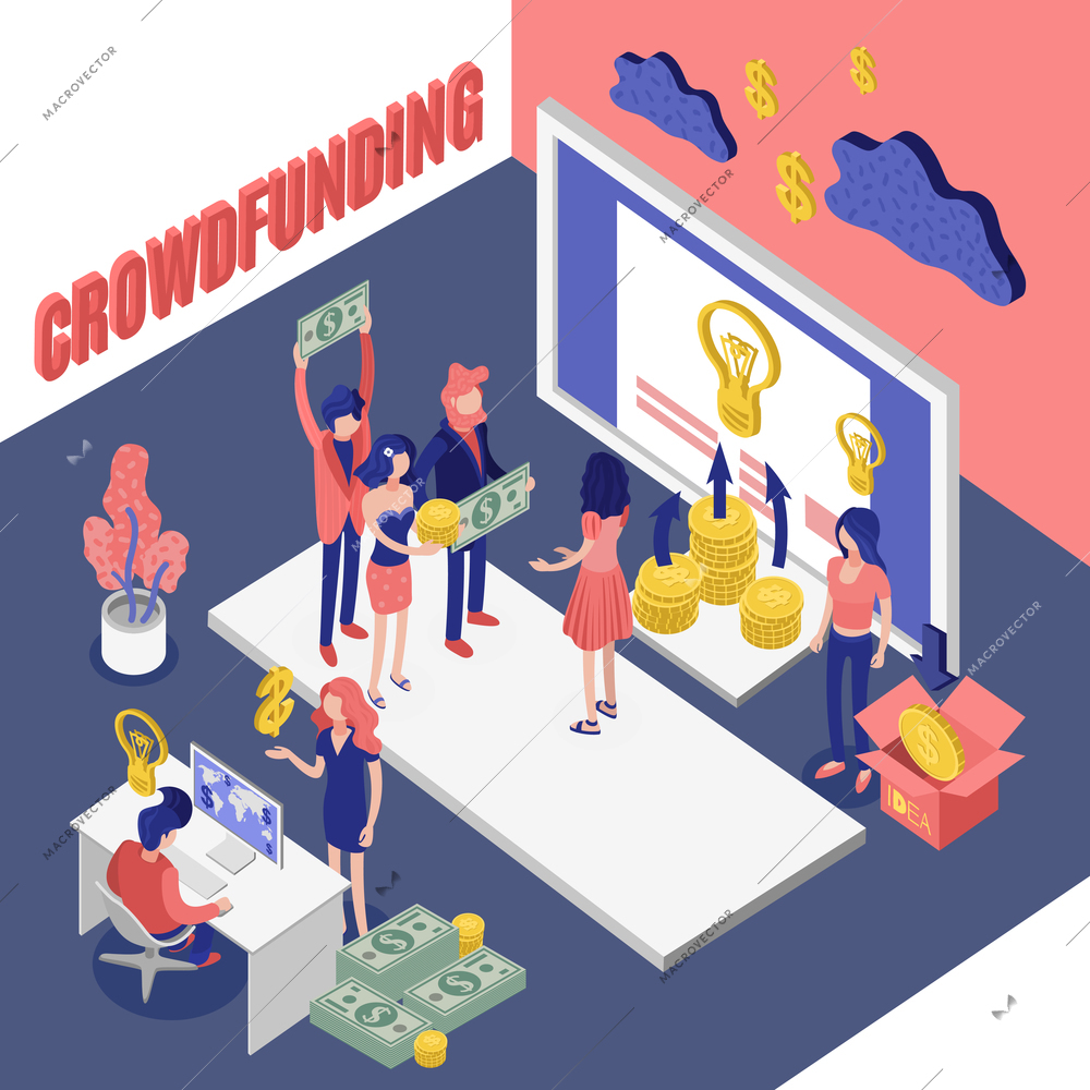 Isometric crowdfunding conceptual composition with investors meeting cloud computing images idea and money pictograms with text vector illustration