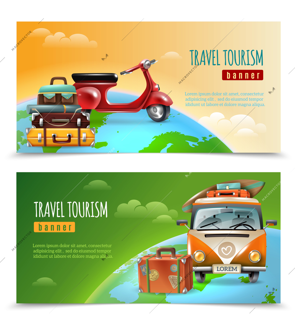 Set of two horizontal travel tourism banners with earth globe suitcase and transport vehicle editable text vector illustration