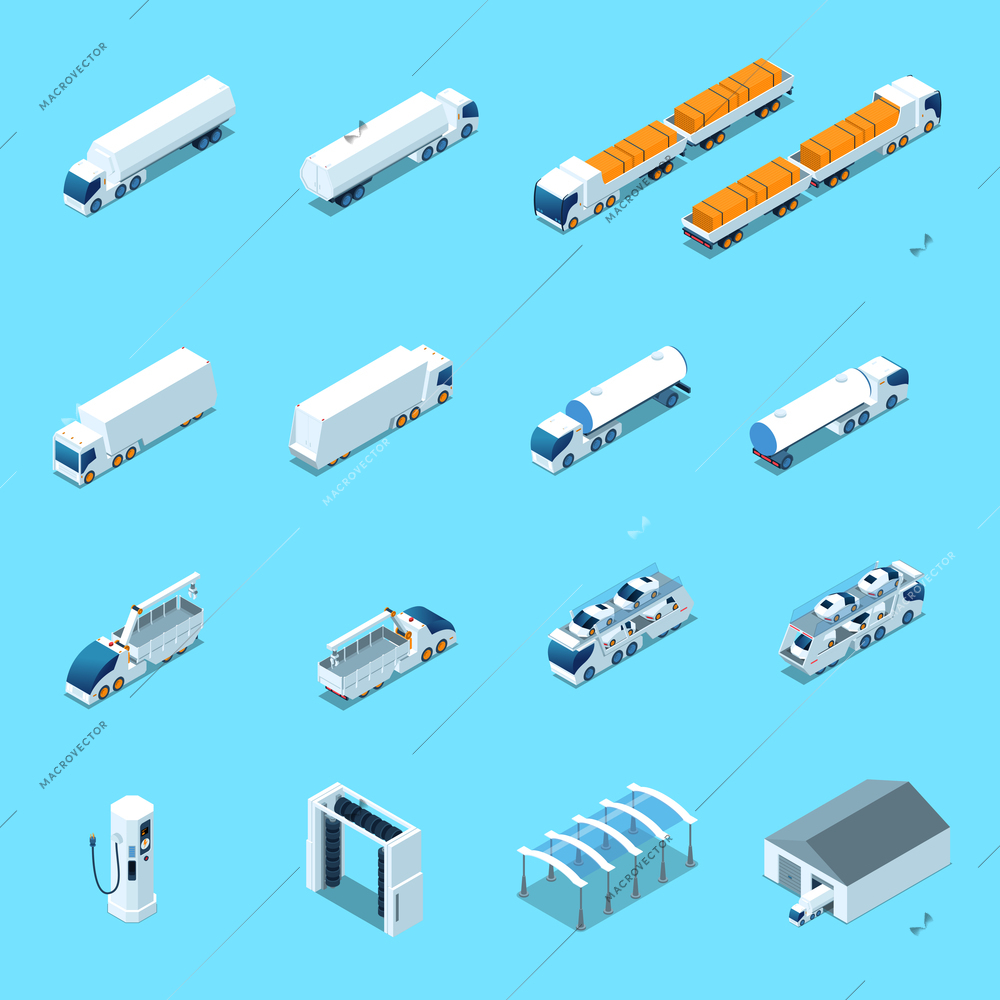 Futuristic electric vehicles, trucks and cars, charging station, isometric icons isolated on blue background vector illustration