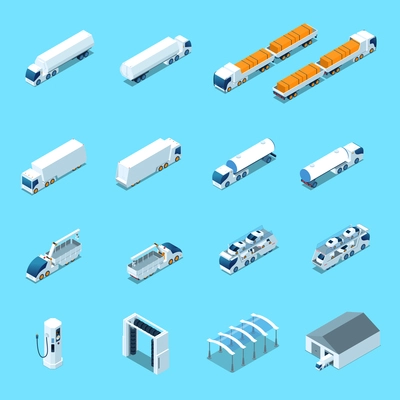 Futuristic electric vehicles, trucks and cars, charging station, isometric icons isolated on blue background vector illustration