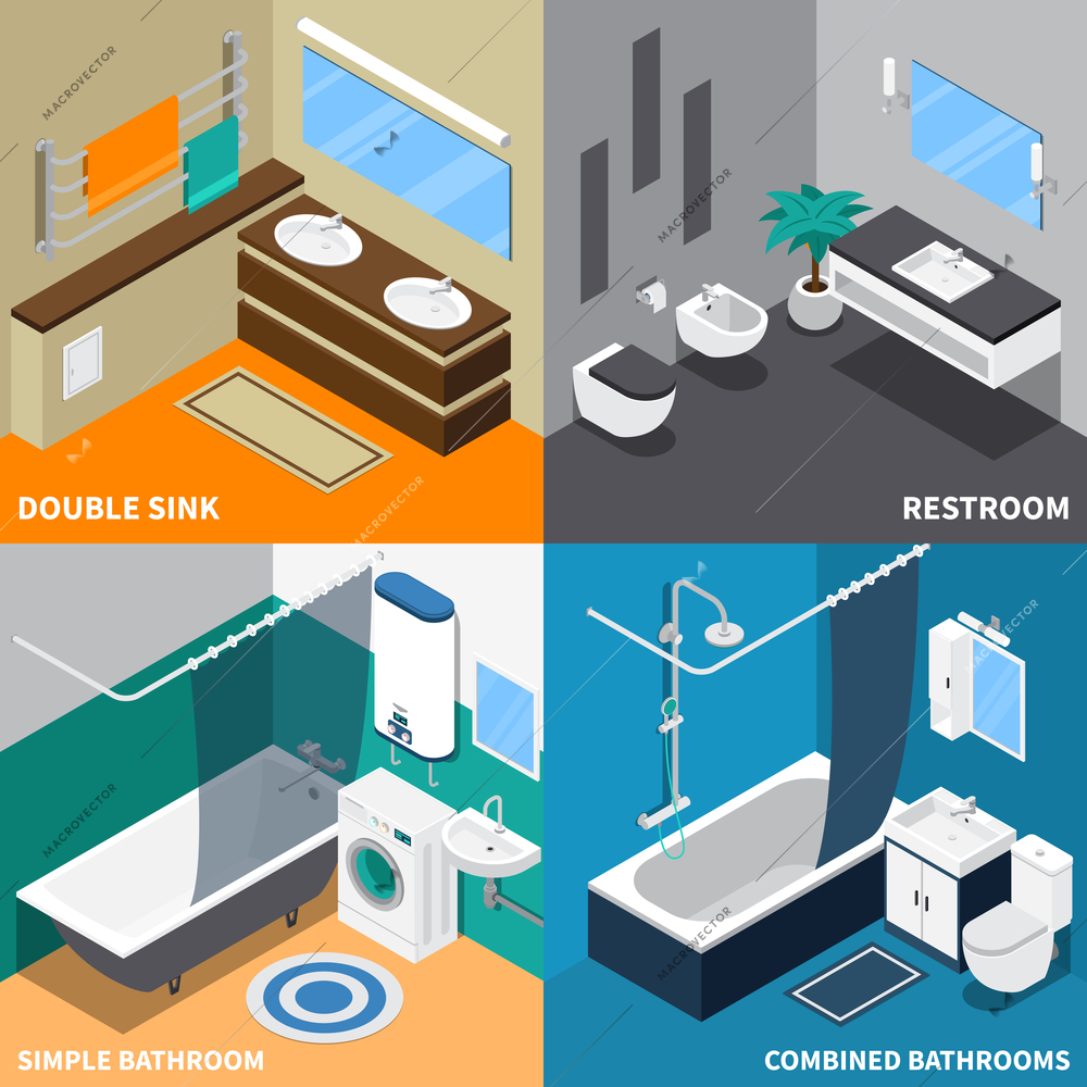 Sanitary engineering isometric design concept with toilet, simple and combined bath room, double sink isolated vector illustration