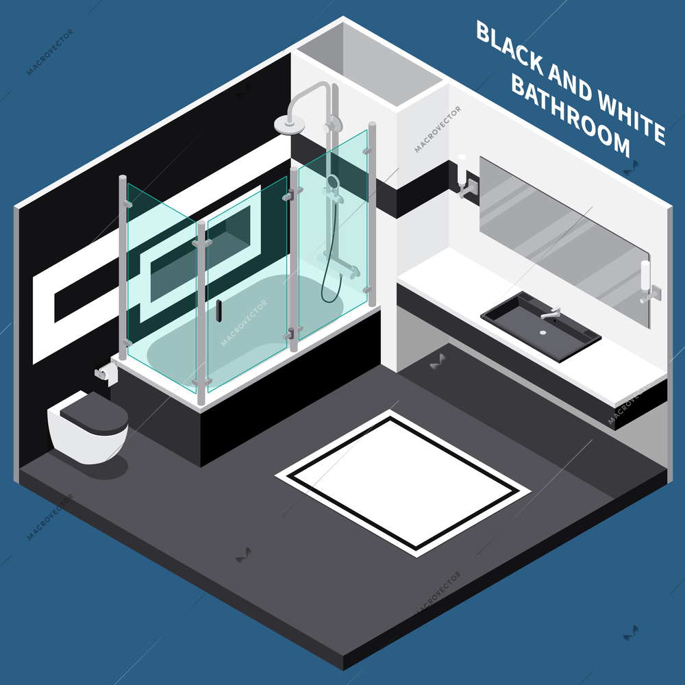 Combined black and white bath room with sanitary engineering, isometric composition on blue background vector illustration