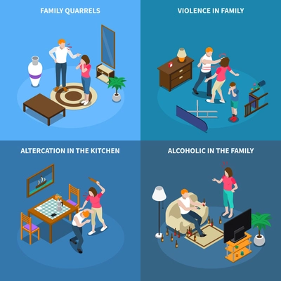 Family problems isometric design concept with conflicts, violence, quarrel in kitchen, alcoholism isolated vector illustration