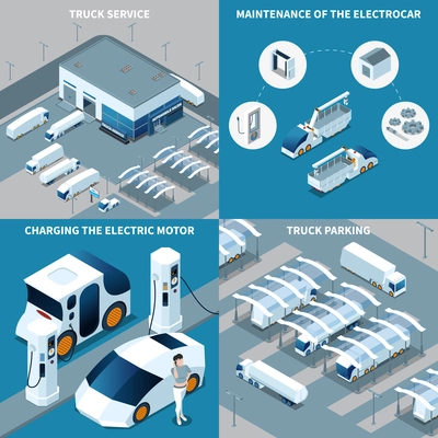 Futuristic electric vehicles isometric design concept with truck service, car maintenance, motor charging, parking isolated vector illustration