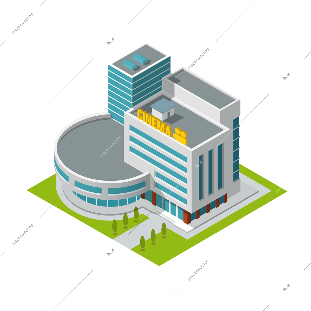 Modern 3d urban cinema theatre building with architectural elements isometric isolated vector illustration