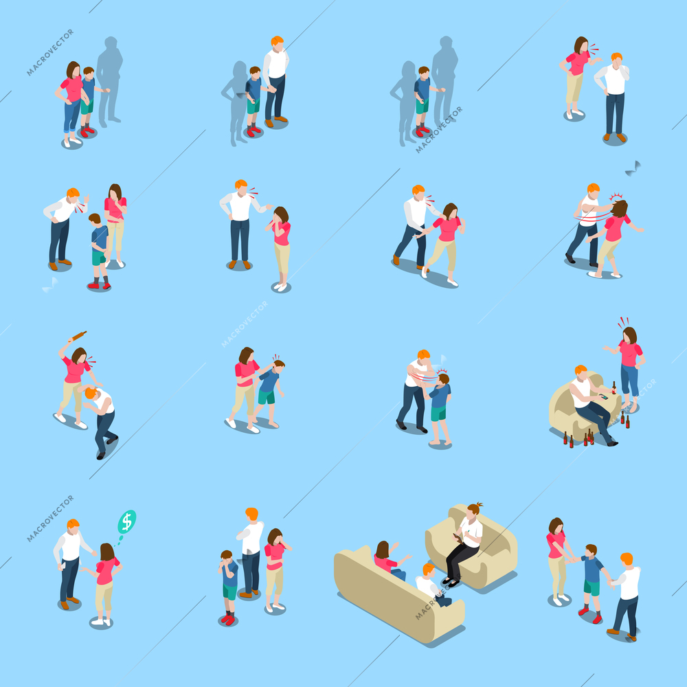 Family problems isometric icons with lack of money, quarrel and violence, alcoholism, blue background, isolated vector illustration