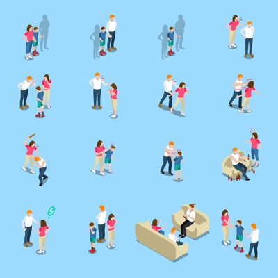 Family problems isometric icons with lack of money, quarrel and violence, alcoholism, blue background, isolated vector illustration