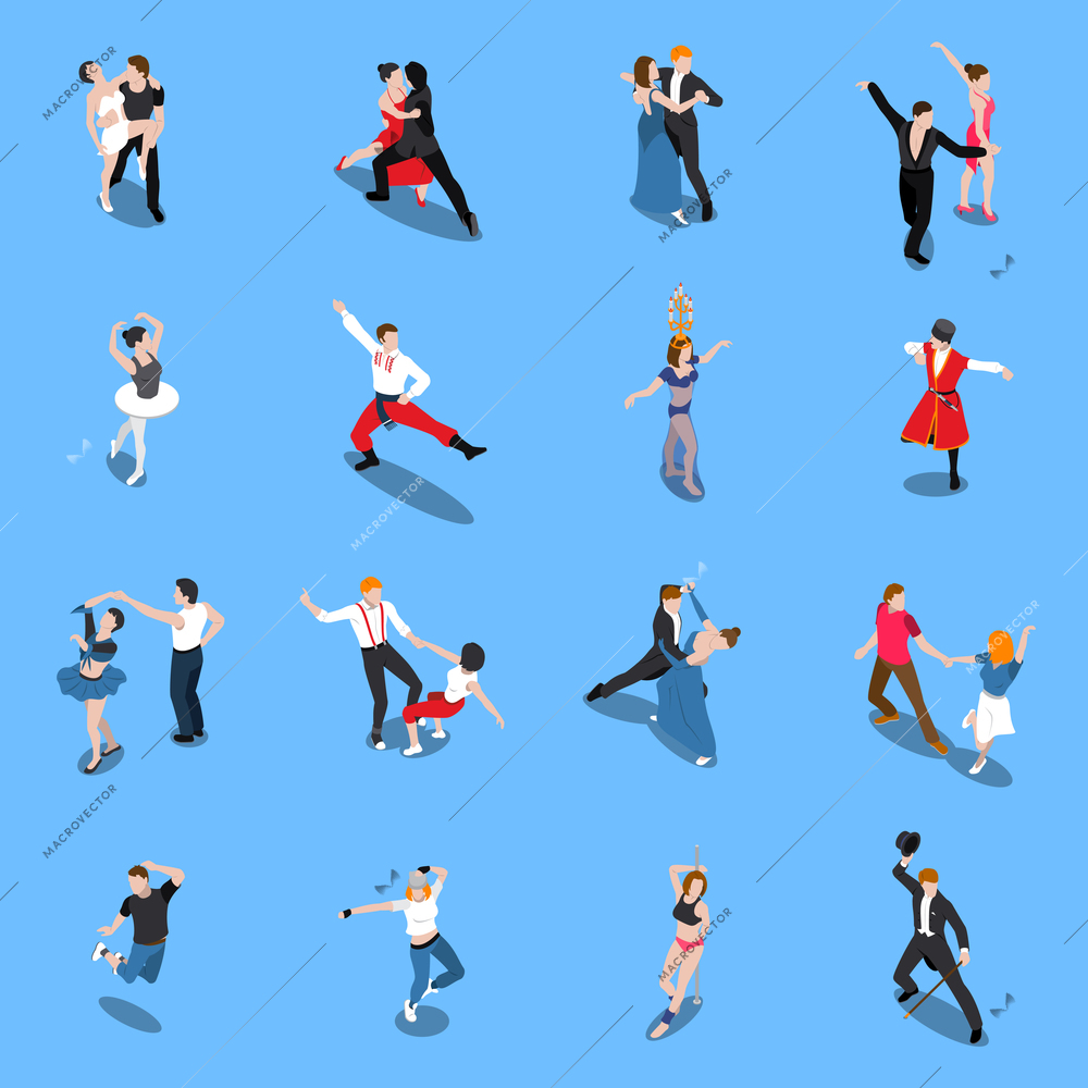 Single and partner dances, professional performers in various poses, isometric people isolated on blue background vector illustration