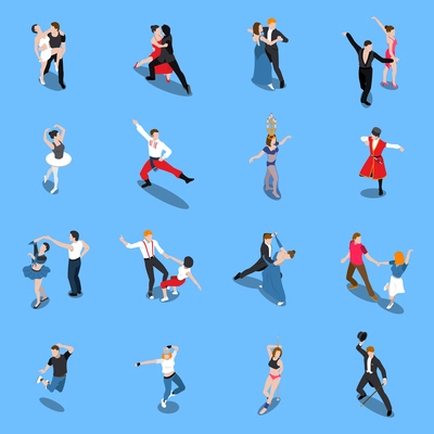 Single and partner dances, professional performers in various poses, isometric people isolated on blue background vector illustration