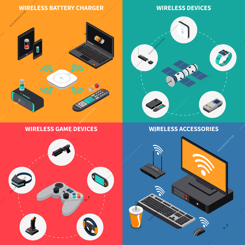 Wireless electronic devices isometric design concept with battery charger, game equipment, computer accessories isolated vector illustration