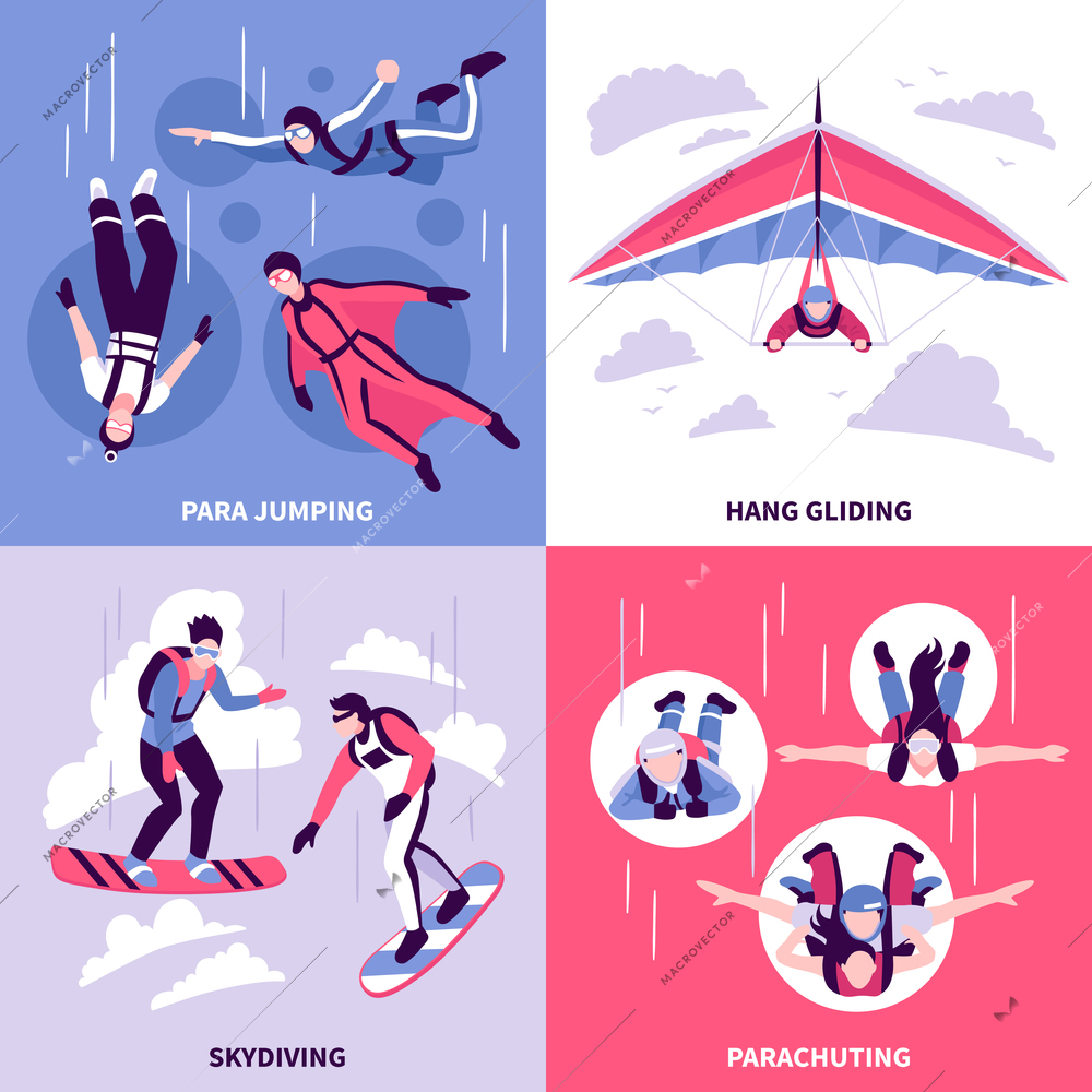 Skydiving concept icons set with hang gliding symbols flat isolated vector illustration