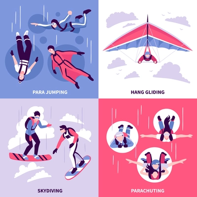 Skydiving concept icons set with hang gliding symbols flat isolated vector illustration