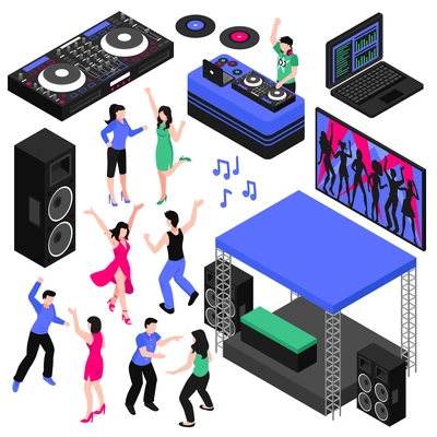 Dj and music isometric set with dancing symbols isolated vector illustration