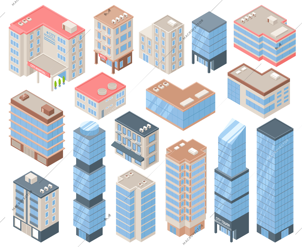 City buildings isometric set with urban life and architecture symbols isolated vector illustration