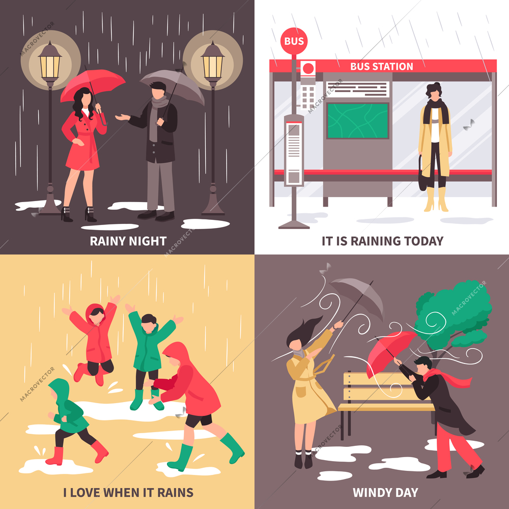 Bad weather concept icons set with people in the street symbols flat isolated vector illustration