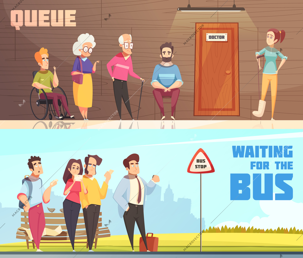 People in queues in doctors waiting room and at bus stop 2 horizontal banners isolated vector illustration