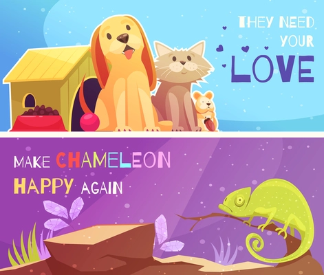 Pet shop 2 horizontal cartoon banners with dog cat hamster funny chameleon and text isolated vector illustration