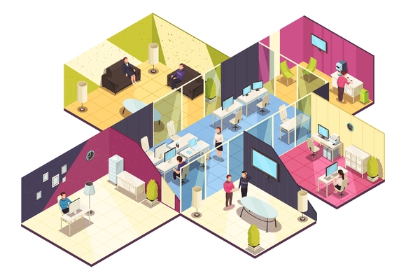 Business center one floor interior isometric composition with offices computer conference and employee break rooms vector illustration