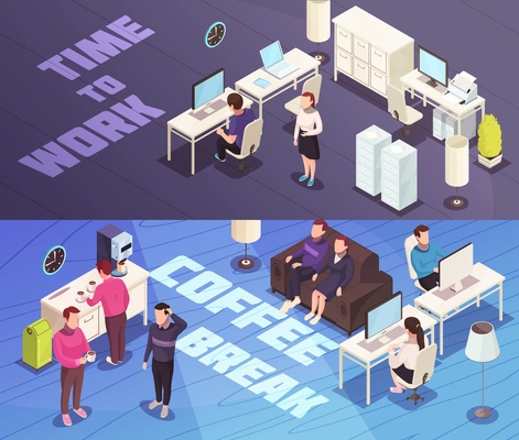 Office 2 horizontal isometric banners with personnel working at computer and coffee break discussions isolated vector illustration