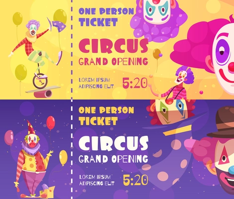 Circus tickets 2 funny retro style horizontal banners with clowns performance date time background isolated vector illustration