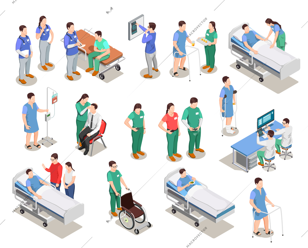 Hospital staff, doctors and patients, medical examination, clinic equipment, set of isometric people isolated vector illustration