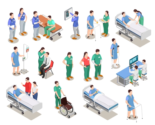 Hospital staff, doctors and patients, medical examination, clinic equipment, set of isometric people isolated vector illustration