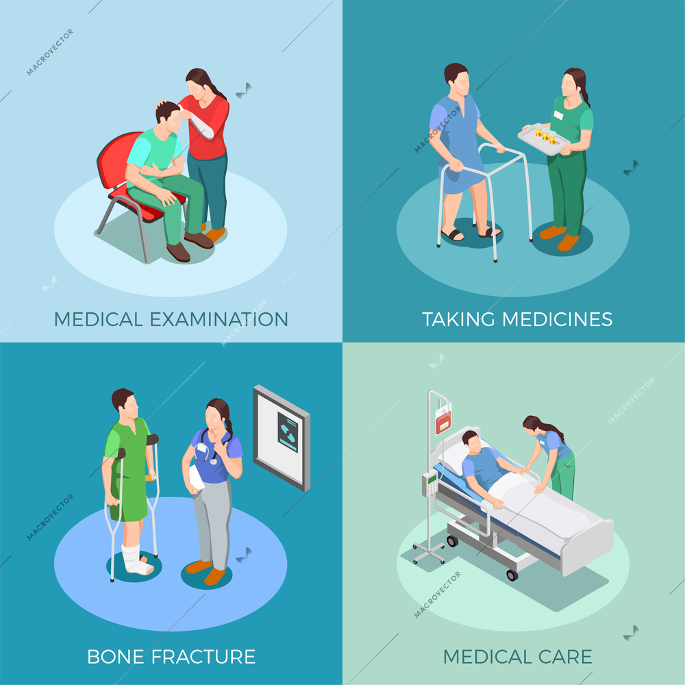 Doctor and patient isometric design concept with examination, taking medicines, bone fracture, medical care isolated vector illustration